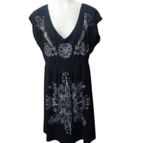 VENUS Printed Beach Dress Empire Waist Dress / Swimsuit Cover Up Black Boho XL - Picture 2 of 12